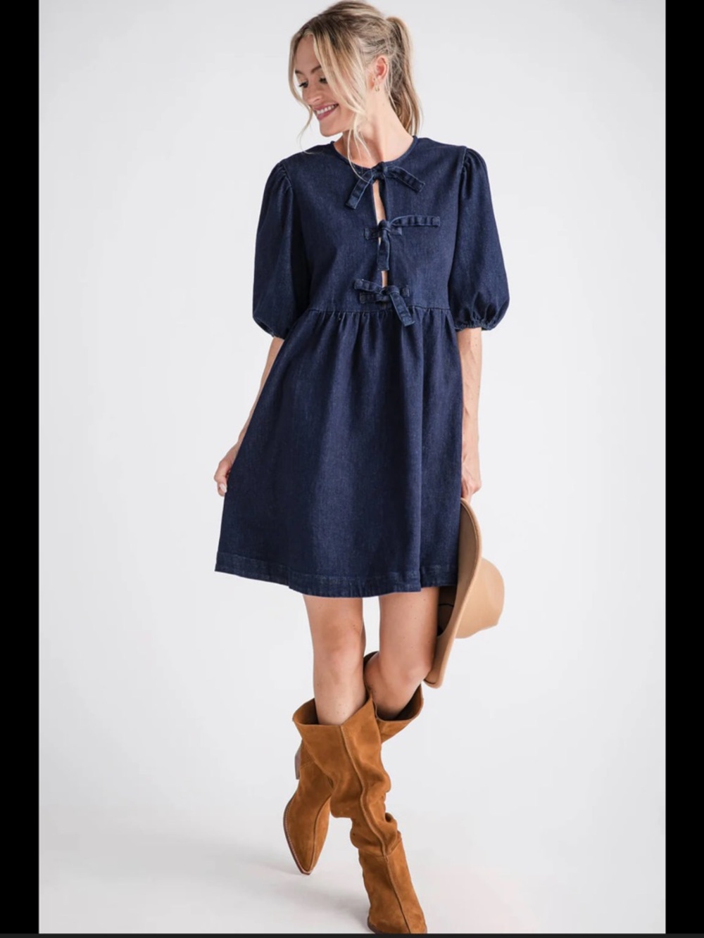 Aaron & Amber Navy Denim Babydoll Mini Dress with Ribbon Ties